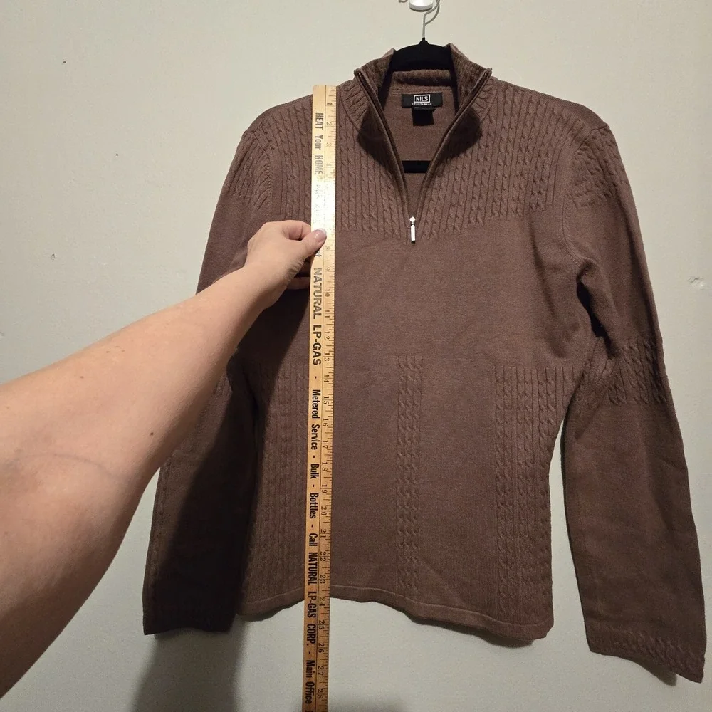 NILS Women Cable Knit Sweater LG 1/4 Zip Mock Neck Light Brown Stretch Apres Ski